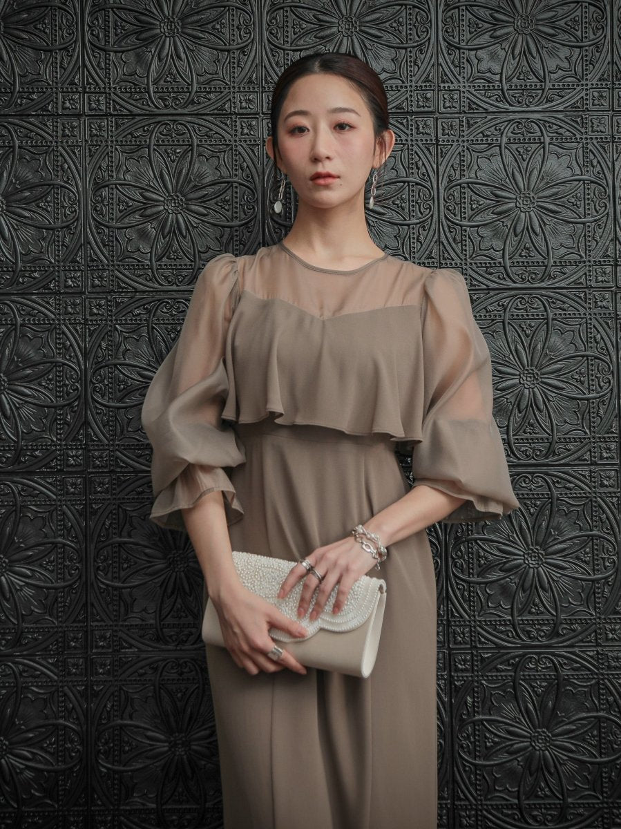 【self-portrait】ロング ドレス サテン リボン フレア ブロンズ ボリュームスリーブシフォンロングドレス – Lien lab.