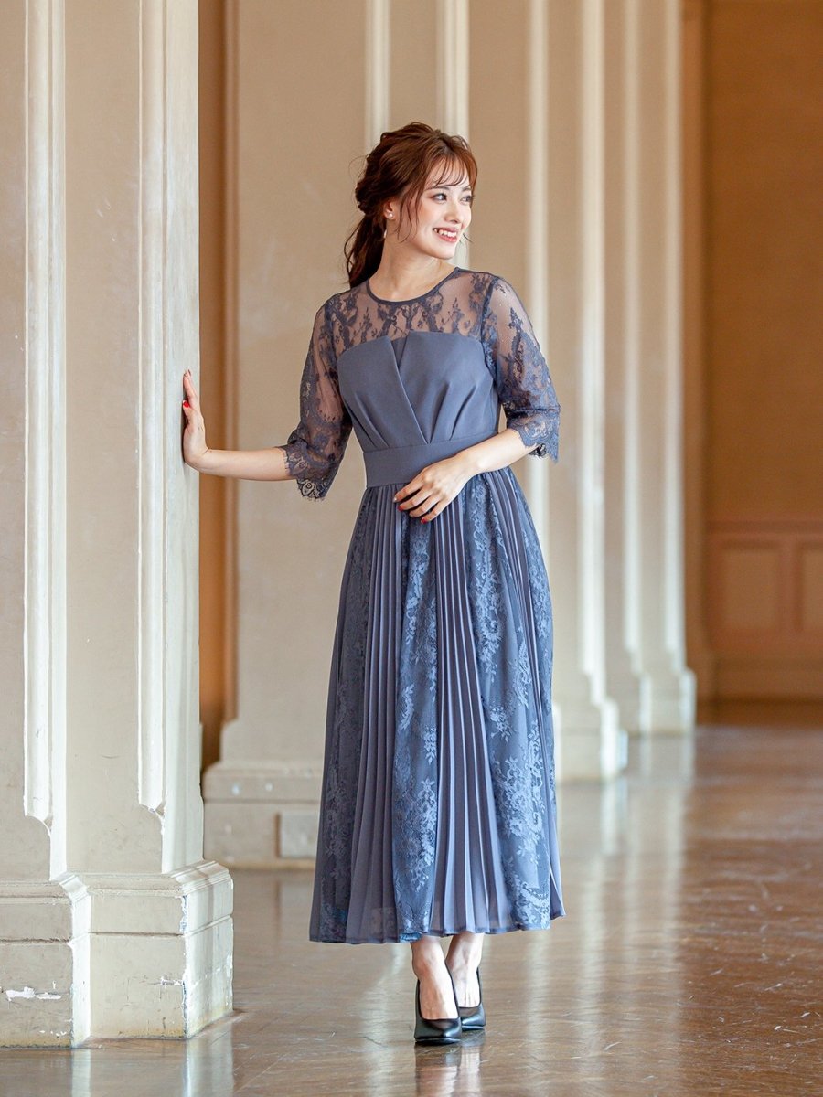 結婚式 パーティドレス ドッキング 切替 プリーツ 2色 長袖/半袖 ニアナ niana 刺繍レース切り替えプリーツロング 結婚式