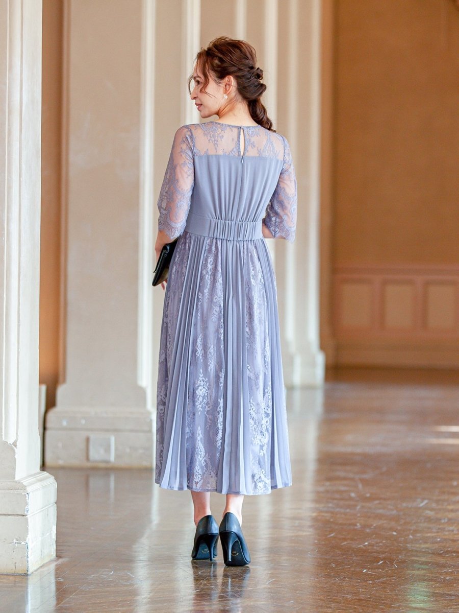 結婚式 パーティドレス ドッキング 切替 プリーツ 2色 長袖/半袖 GIRL DRESS FOR NOW ドレス 刺繍レース切替え5分袖 プリーツ